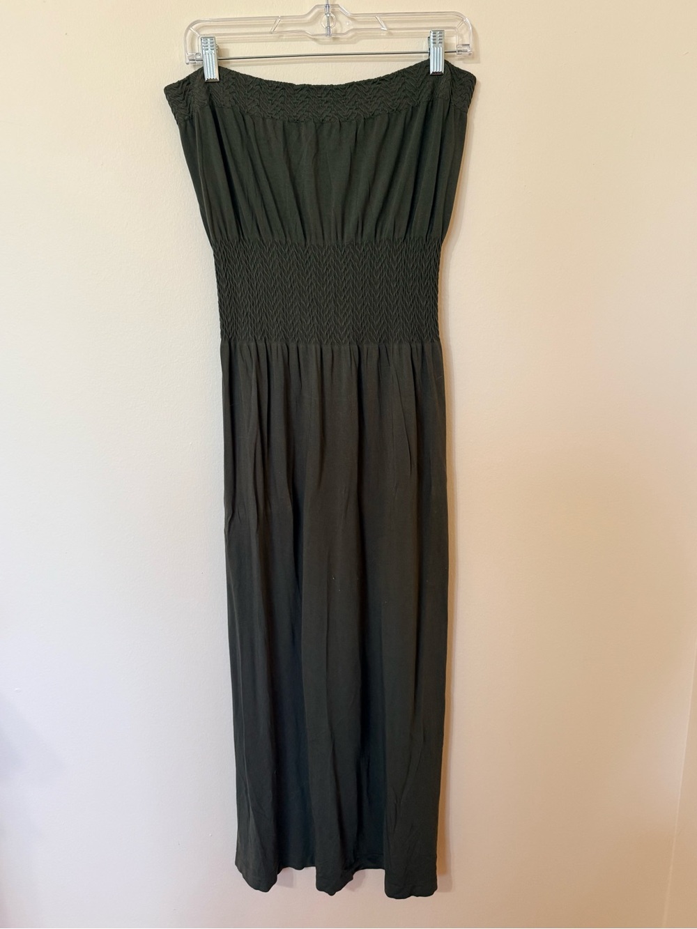 Lark + Grey Strapless Smocked Maxi Dress in Olive Green